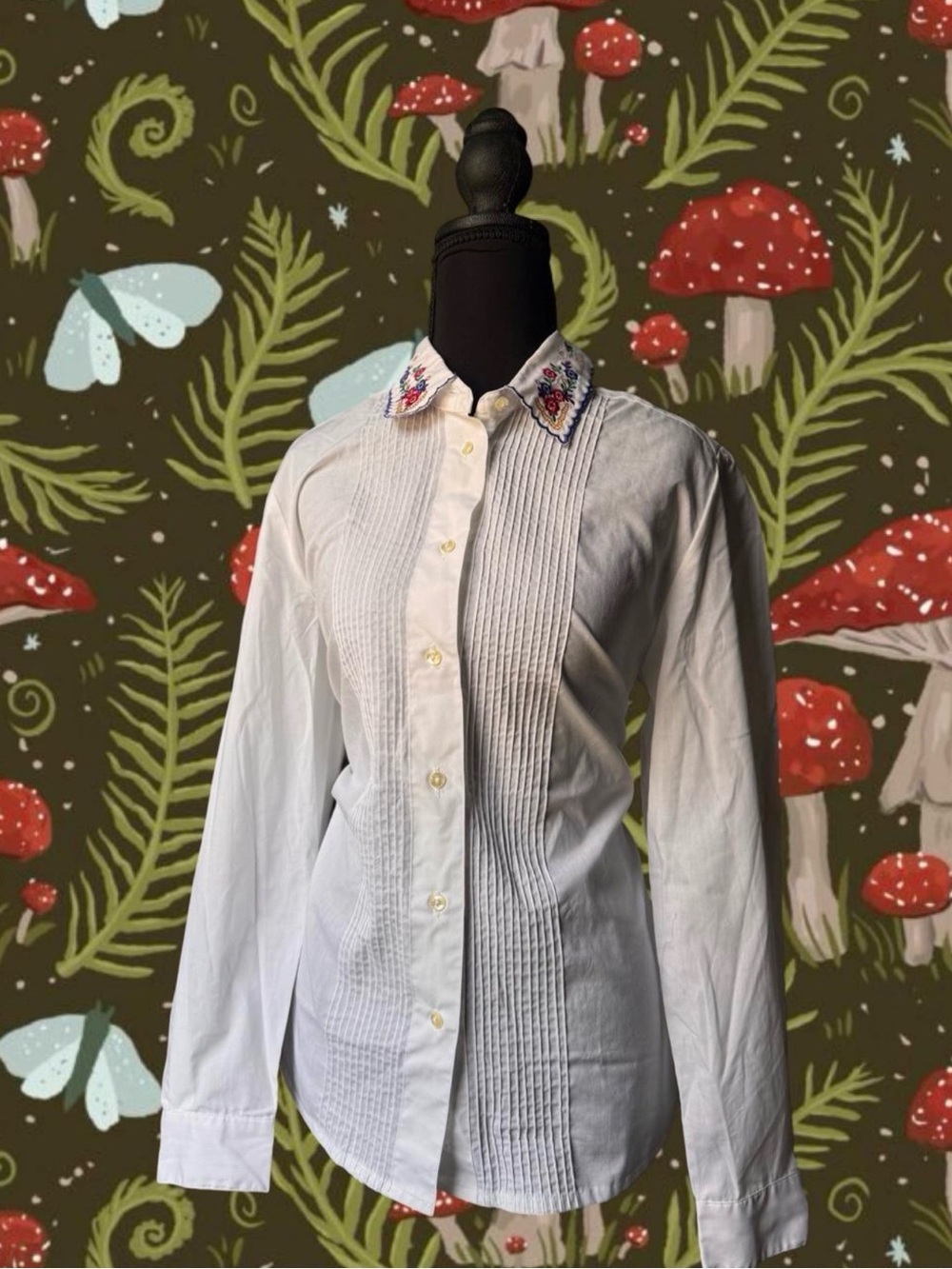 White Pintuck Button-Up Shirt with Embroidered Collard